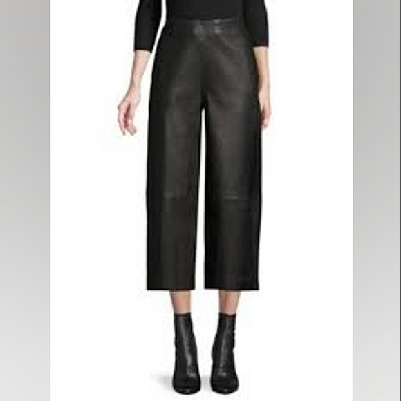Vince High-Rise Cropped 100% Soft Lamb Leather Wide Leg Side Zip Pants - Size 14